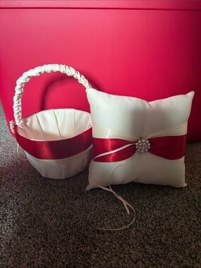White Satin Ring Bearer Pillow and Flower Girl Basket with Red Ribbon